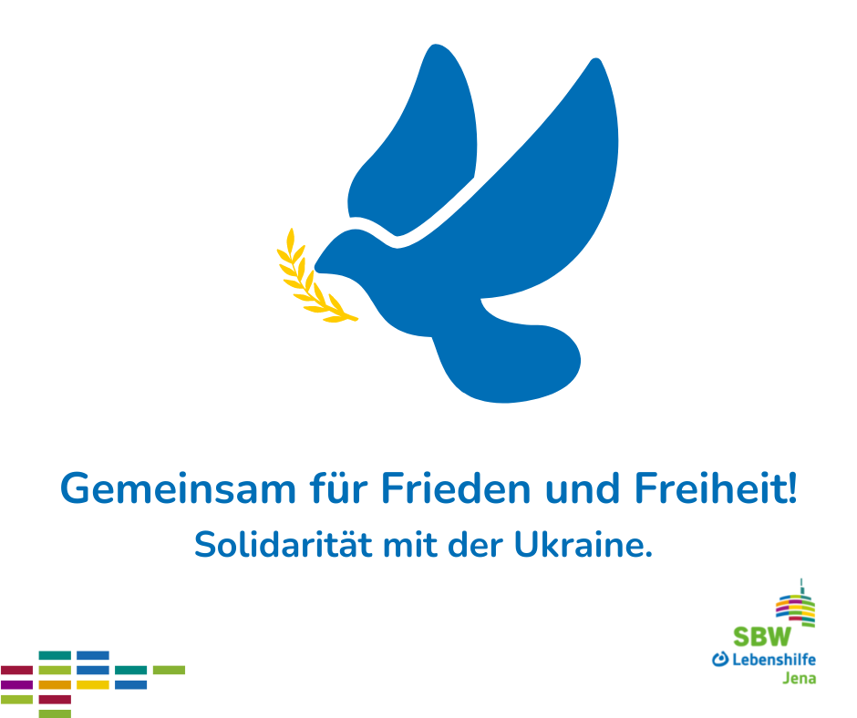 Auf dem Bild sieht man eine Friedenstaube in den Farben der Ukrain. Darunter steht Gemeinsam für Frieden und Freiheit. Solidarität mit der Ukraine.